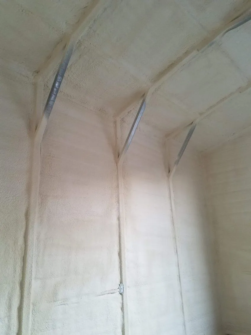 Spray foam insulation covering the walls and vaulted ceiling of a framed space
