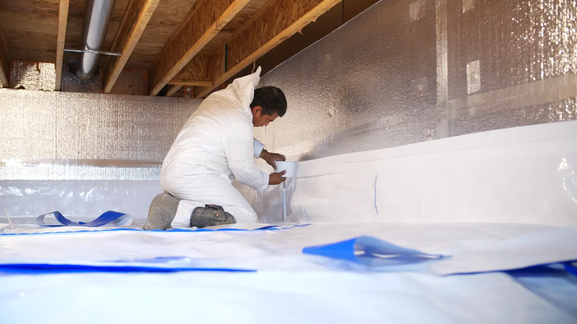 Installer taping a white vapor barrier to the foil-insulated wall of a crawl space