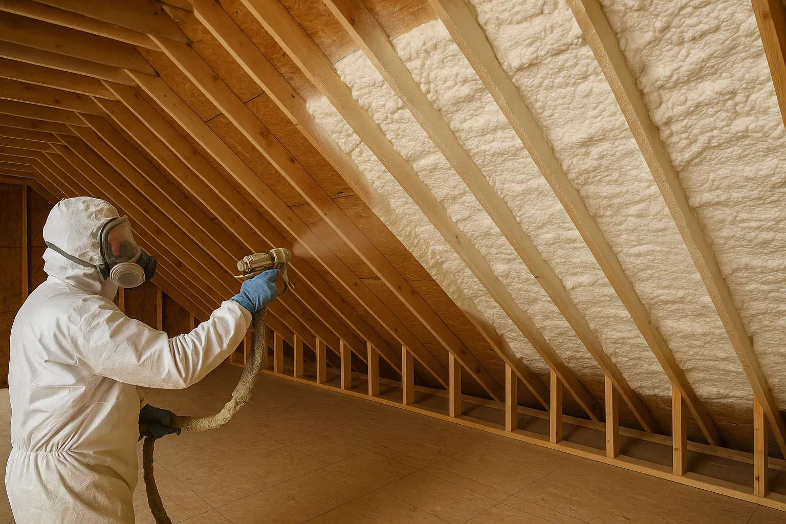 Installer in a protective suit and respirator spraying foam insulation onto an attic roof deck