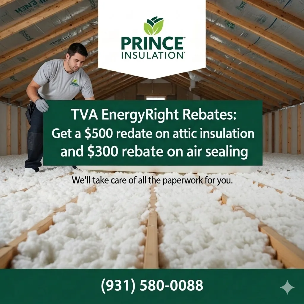 TVA EnergyRight rebate offer — $500 on attic insulation and $300 on air sealing, from Prince Insulation